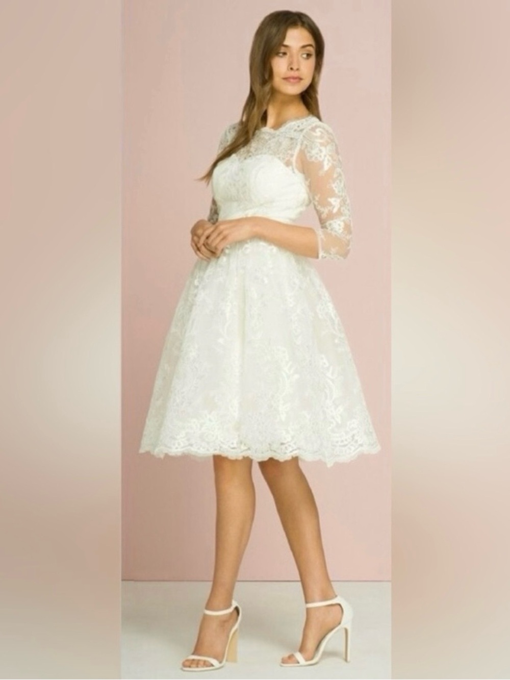 Bridal Sweetheart Neckline Woven Floral Embroidery Tea-Length Wedding Midi Dress - Picture 14 of 16